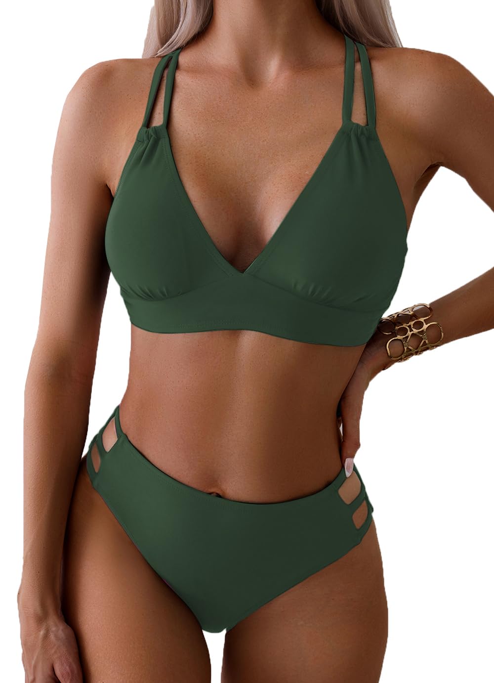 Photo 1 of Tainehs Women's Push Up V Neck Bikini Sets Criss Cross Back Two Piece Bathing Suit Army Green
