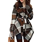 CHICWISH Women's Turn Down Shawl Collar Earth Tone Check Asymmetric Hemline Wool Blend Coat