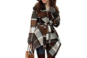 CHICWISH Women's Turn Down Shawl Collar Earth Tone Check Asymmetric Hemline Wool Blend Coat