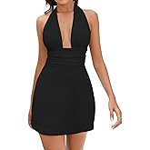 VKIHOC Women's Sexy V Neck Halter Bow Tie Backless Bodycon Party Mini Dress