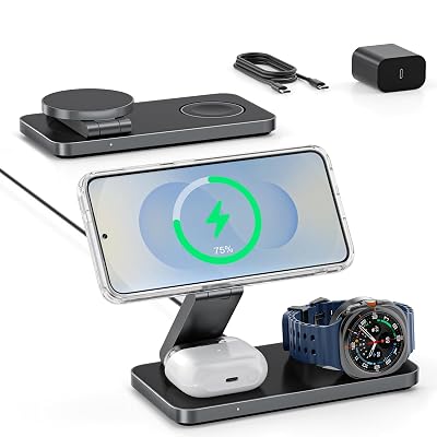 3-in-1 Charging Station for Samsung, Magnetic Fast Wireless Charger Stand Compatible with MagSafe for Galaxy S26/S25/S24/S23/Z Fold/Flip Series, Galaxy Watch Ultra/8/7/6/5, Galaxy Buds Pro/4/3/2