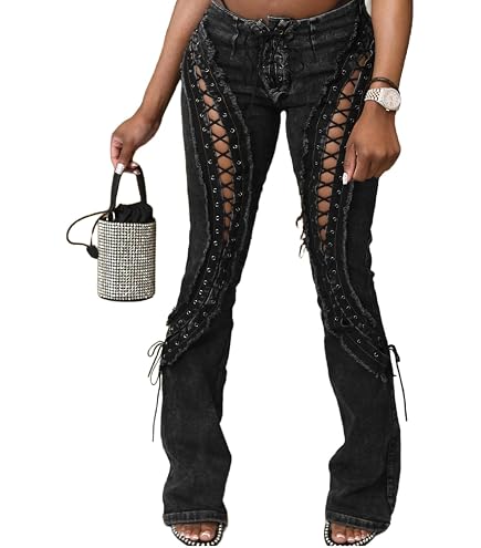 YOUFE Women's Sexy Lace Up Flare Jeans Y2K Stretch Hollow Out
