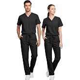 allheart Unisex Scrub Sets for Men &amp; Women V-Neck Top with Scrub Pant | 6 Functional Pockets, Layered Top, Mid Rise Pant, Pull-on Comfort Waistband, Coordinated Scrub Set, Comfortable Everyday Fit