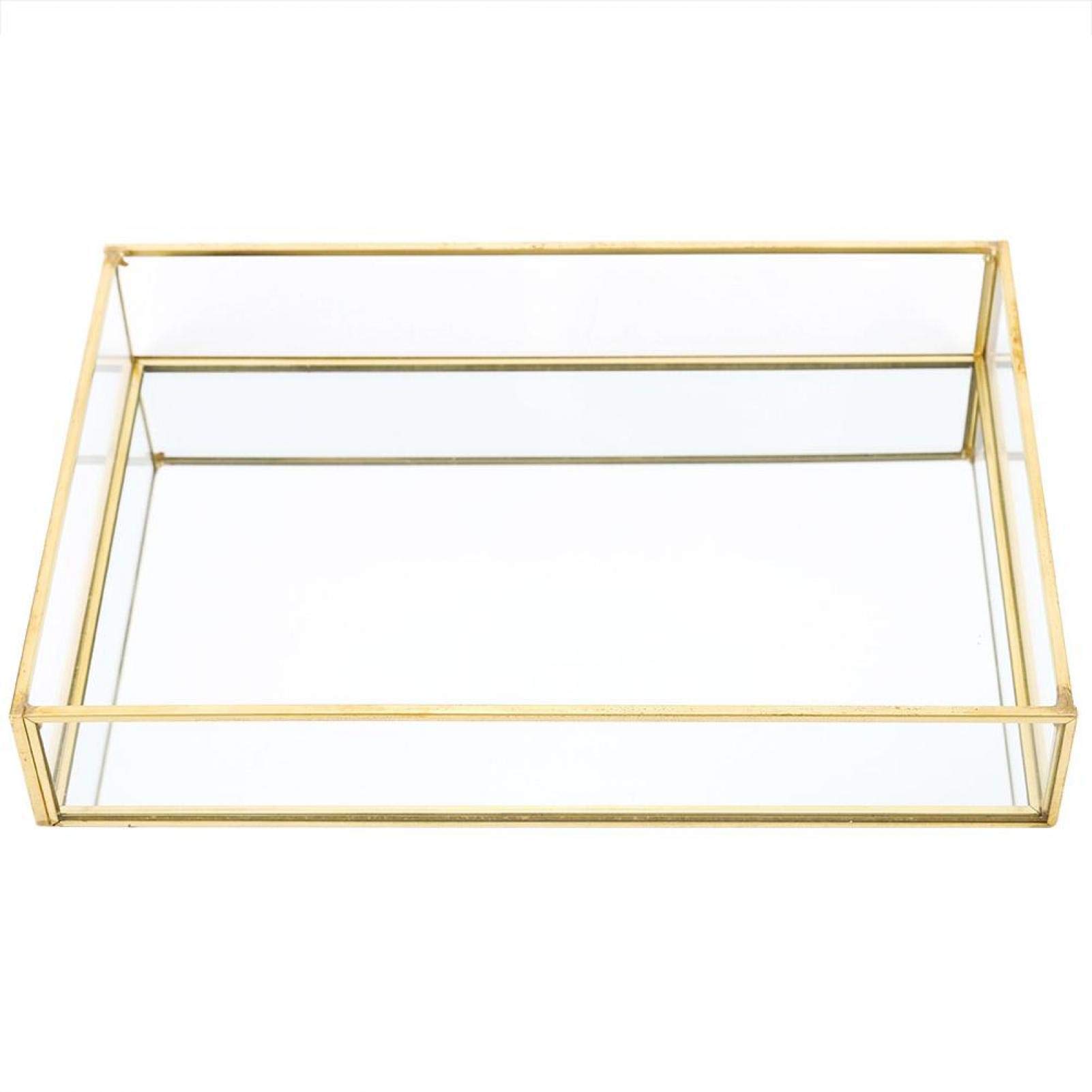 Tyenaza Glass Storage Vintage, Metal Glass Storage Box Gold Tray Jewelry Cosmetics Display Boxes Organizer Box (Rectangular large)