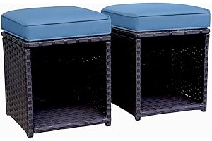 JOIVI 2 Pieces Outdoor Patio Ottoman, All Weather Rattan Wicker Ottoman Set, Outdoor Footstool Footrest Seat with Removable Cushions Storage Space, Aegean Blue