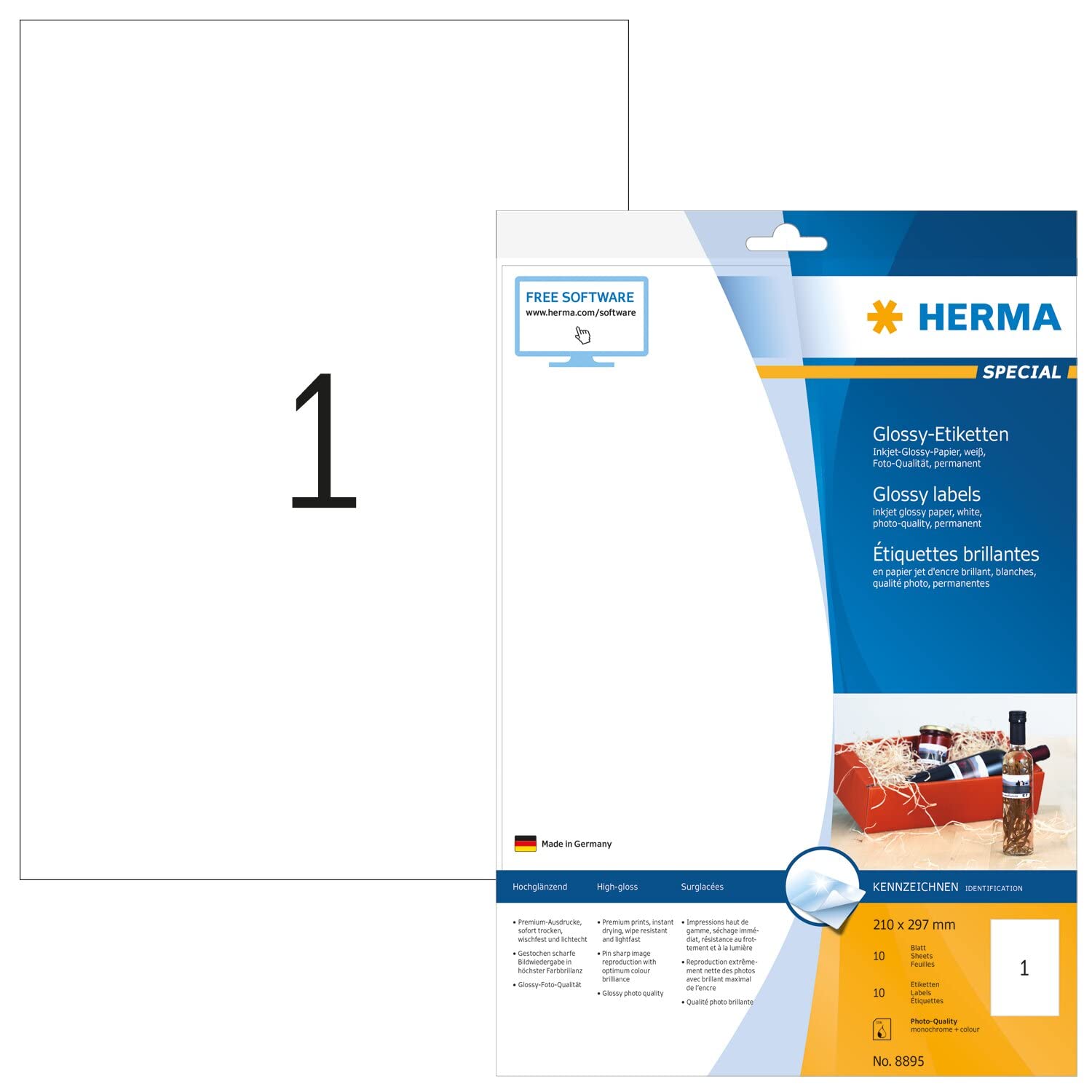 HERMA Self Adhesive Inkjet High Gloss Labels, 1 Label per A4 Sheet, 10 Sheets, 210 x 297 mm, 10 Labels, Blank Photo Quality Labels Stickers, Sticky Labels for Inkjet Printer, White