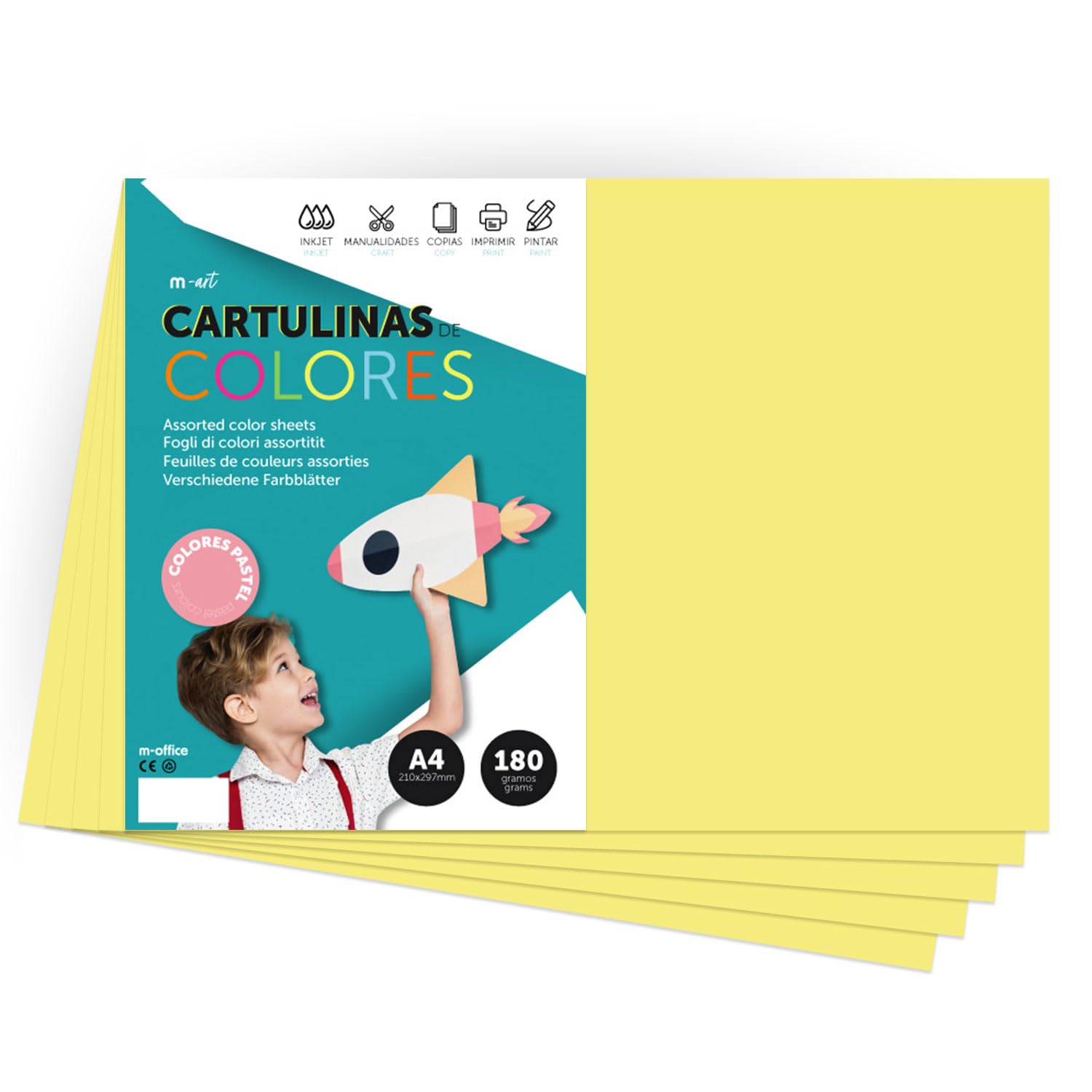 A4 Pastel Coloured Card 180g for Crafts, Printing Your Documents and Creative Designs Pastel Colours A4 m-office (x500, Yellow)