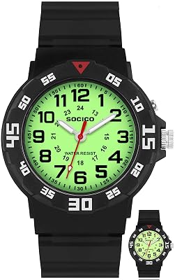 SOCICO Kids Analog Watch with Light, 30M Waterproof Time Teaching Watches for Boys Girls, Easy to Read Soft Band Learning Wrist Watch Great Gift for Children (Black)