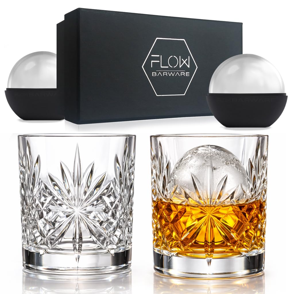 FLOW Barware Classic Whiskey Glasses Set of 2 | Whisky Glasses Gift Set with Ice Ball Moulds | Heavy Tumbler Whiskey Glass for Rum, Scotch, Bourbon Gin & Tonic & Negroni Cocktails