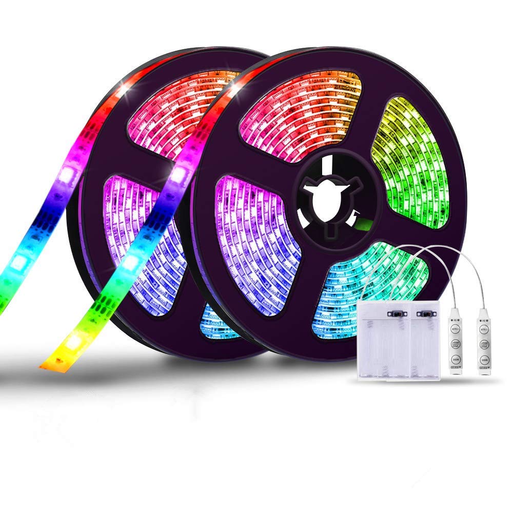 Battery Powered RGB LED Strip Lights, 2Pack 3.28ft 30 LEDs 16 Color Changing Lights Strip with Dimmable LED Lights for Bedroom Outdoor RV Camping Awning Party Indoor Decoration