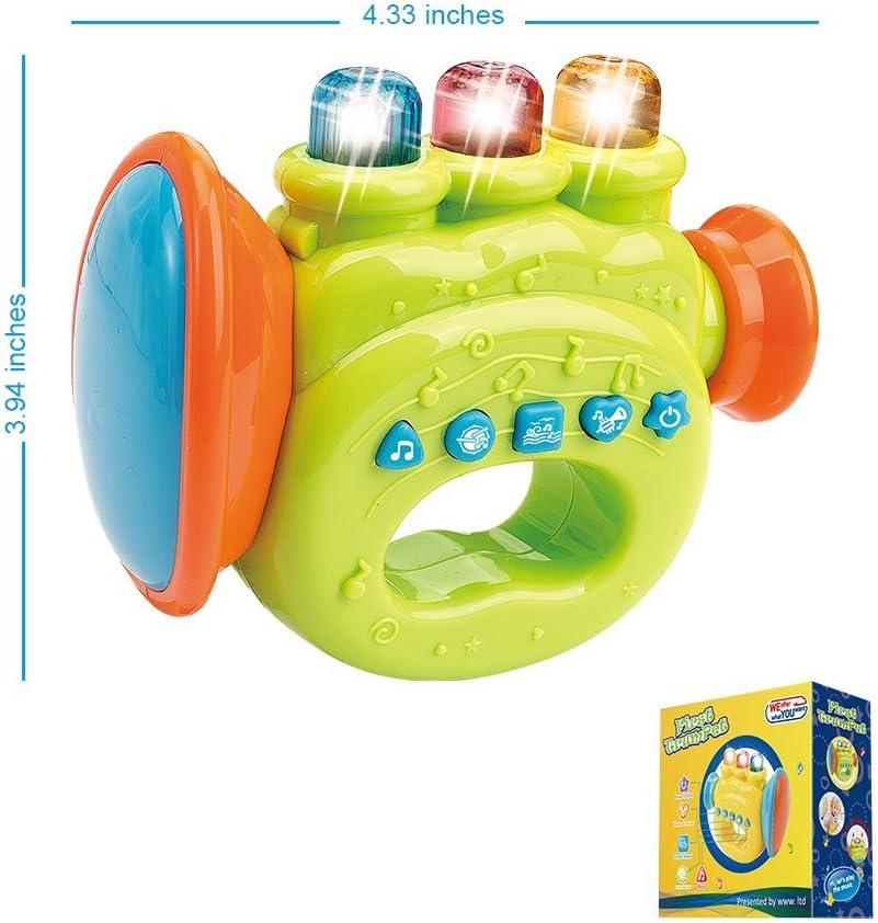 WEofferwhatYOUwant Baby Trumpet - Musical Toy with LED Lights, Classic Songs, Ocean & Drum Sounds, Yellow, Green - Image 3