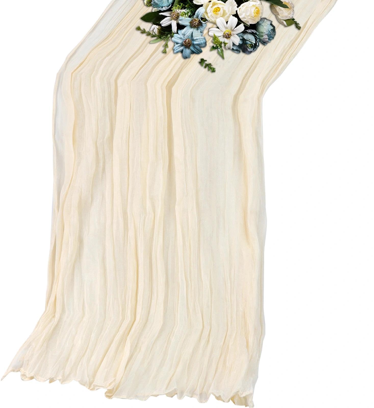 LLMSIX Cheesecloth Table Runner - 35×118inch Boho Creamy White Winkled Gauze Long Romantic Sheer Table Runner for Dating Wedding Banquet Party Dinner Table Decoration