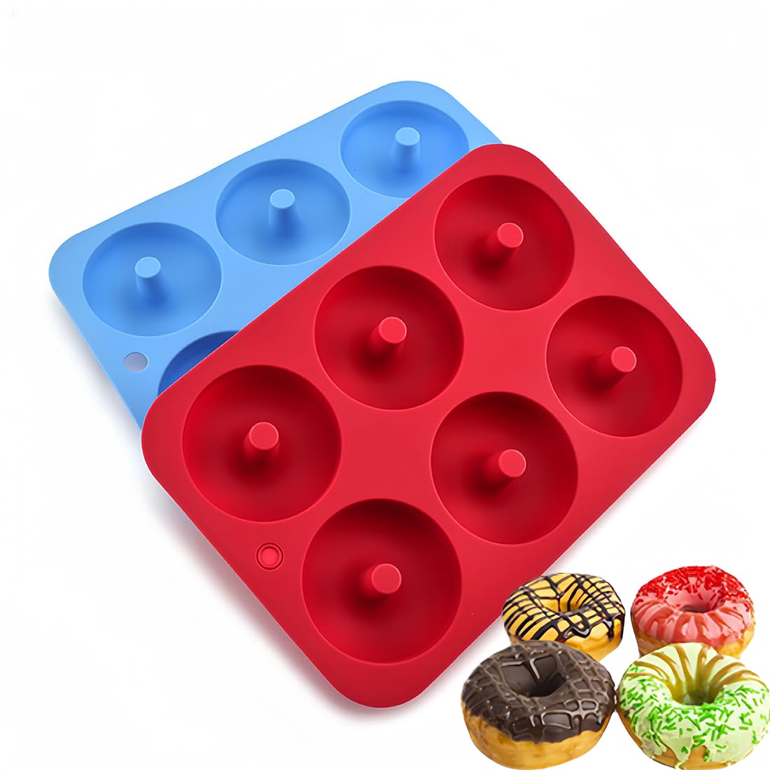 DERDOUT Silicone Donut Moulds, 2 Pack Silicon Doughnut Mould, Large Non-Stick 6 Cavity Molds Doughnut Tray Donut Pan, Bagel Baking Tin, Muffin Cupcake Biscuit Maker, Bakeware, Baker Tool - Blue, Red