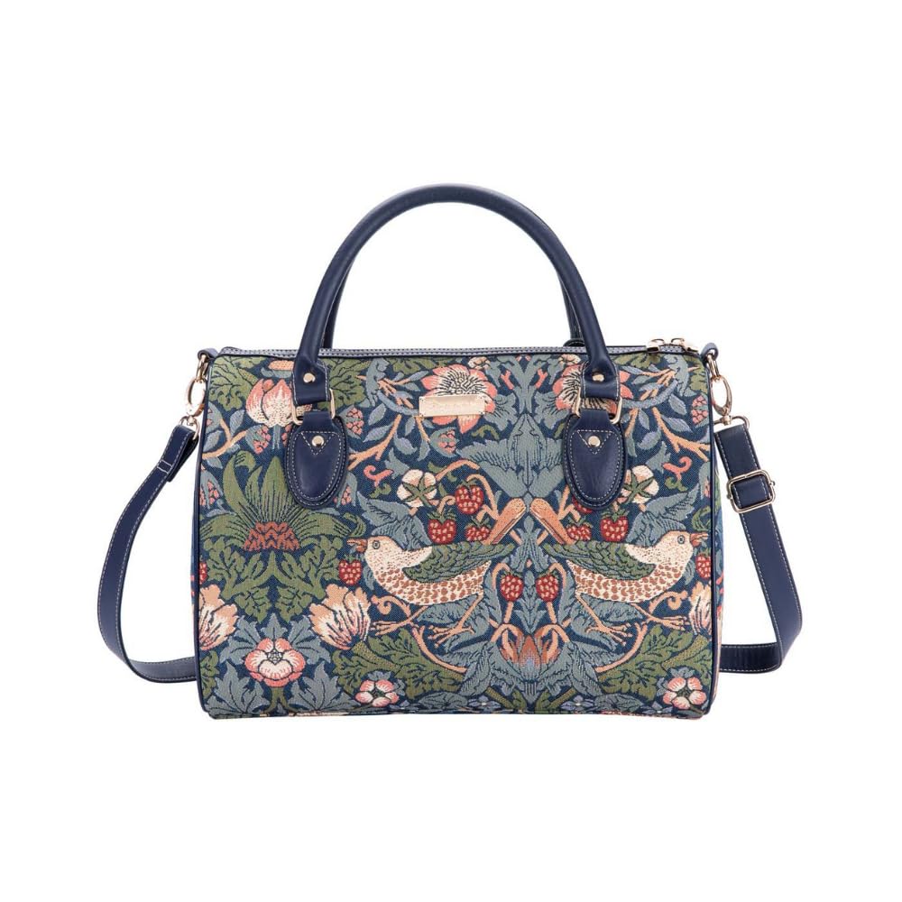 Signare Tapestry Duffle Bag Overnight Bags Weekend Bag for Women with Garden Flower and Creatures (Strawberry Thief Blue)