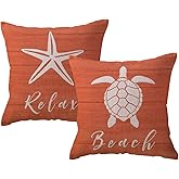 ULOVE LOVE YOURSELF Coastal Beach Throw Pillow Covers 18 x 18 Inch Set of 2 Seaturtle Starfish Summer Beach House Decor Ocean Theme Decorative Cushion Covers for Couch Sofa