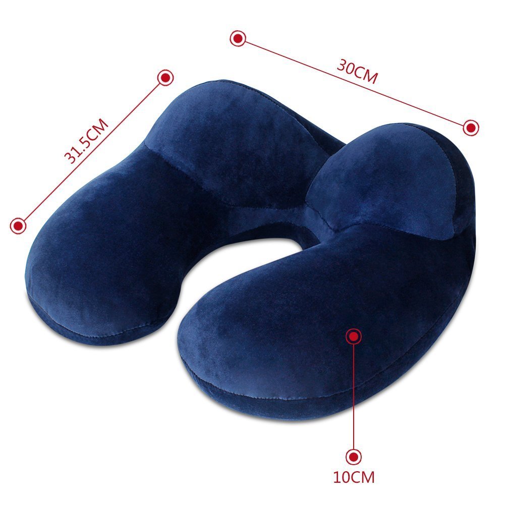 Travel Pillow, LIANSING Airplane Inflatable Travle Neck Pillow Push-Button Soft Velvet with Earbuds Goggles 3 in 1 and Straps for Office Airplane Travel Car Lunch Break