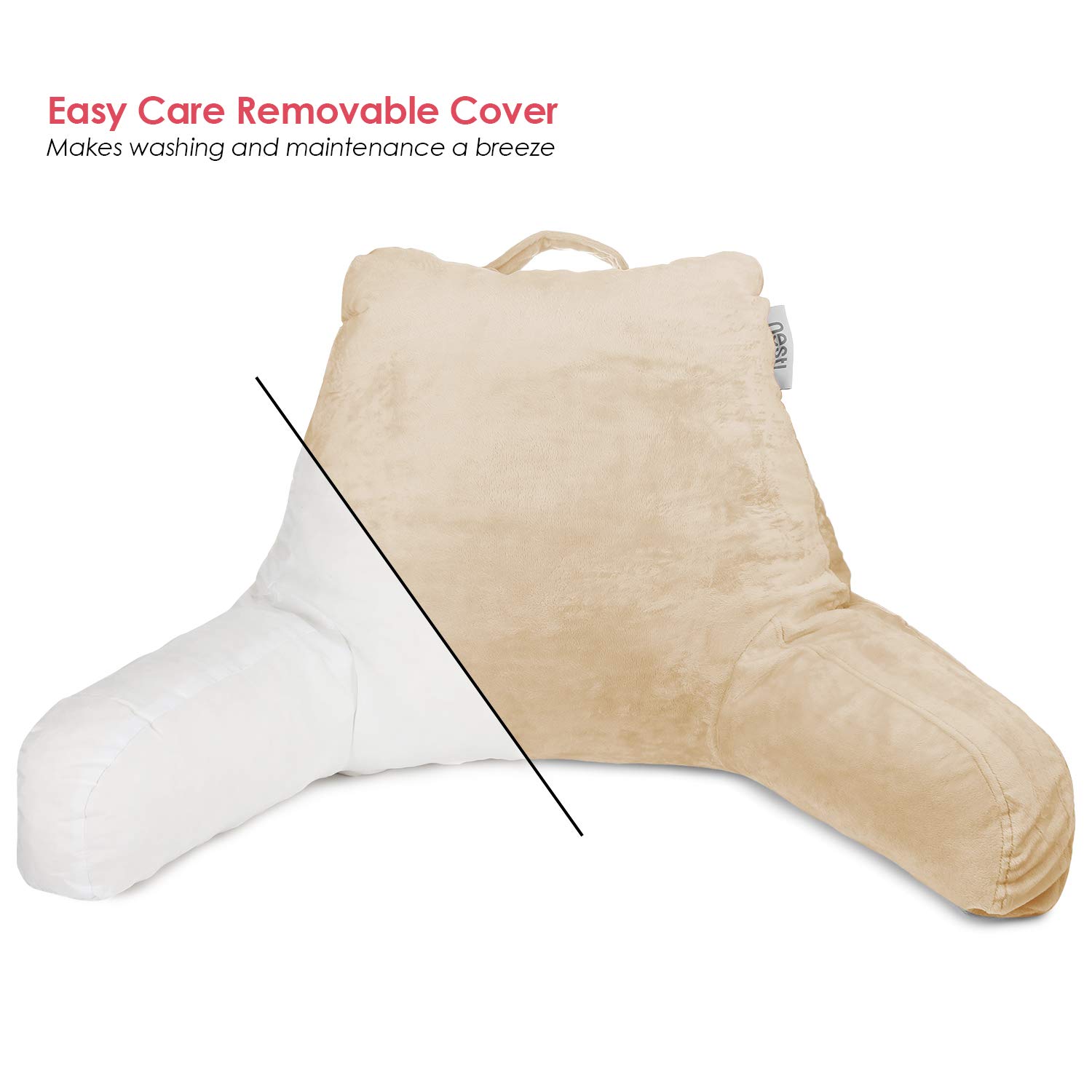 Nestl Reading Pillow, Medium Bed Rest Pillow with Arms for Kids Teens & Adults – Premium Shredded Memory Foam TV Pillow - Beige Cream