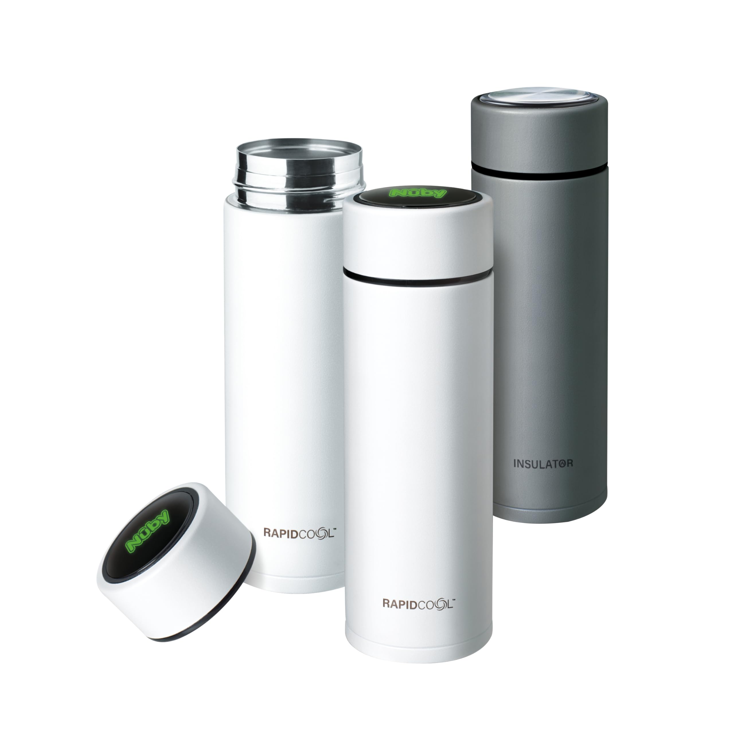 Nuby RapidCool Portable Baby Bottle Maker Kit - Formula Feed in 2 Minutes | Ideal for Travel Bottles and Night Feeds | Includes 2 RapidCools, Milk Powder Dispensers, Digital Lids & Flask (White)