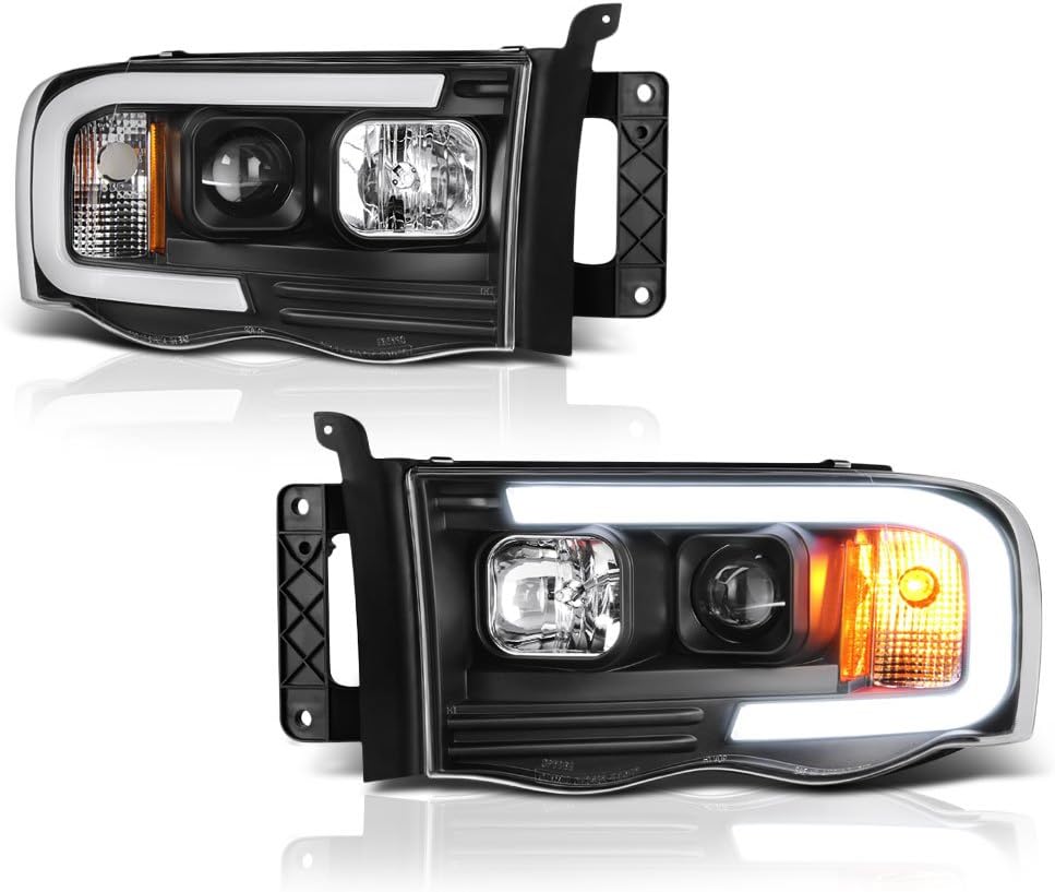 [For 2002-2005 Dodge RAM 1500 2500 3500] OLED Neon Tube Black Projector Headlight Headlamp Assembly, Driver & Passenger Side