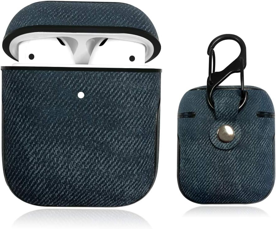 AirPods Case,AirPods Case Cover with Keychain,Luxury Leather Classic Design case,Imitation Denim Fabric,Compatible with Apple AirPods 2 and 1(Front LED Visible)-(Blue)