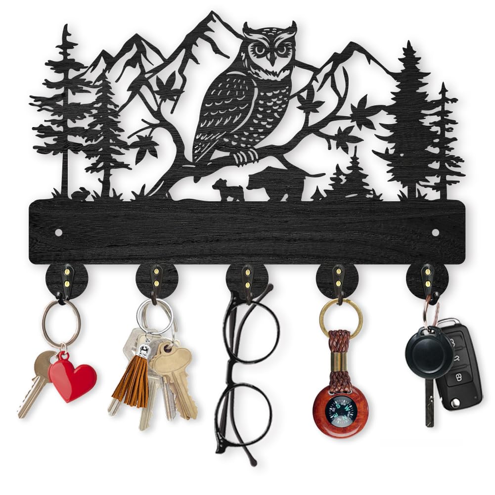 MAYJOYDIY Owl Mountain Forest Wooden Key Hooks Hanger 5 Alloy Hooks Black Wooden Key Rack for Home Art Decor Entryway Front Door Gift