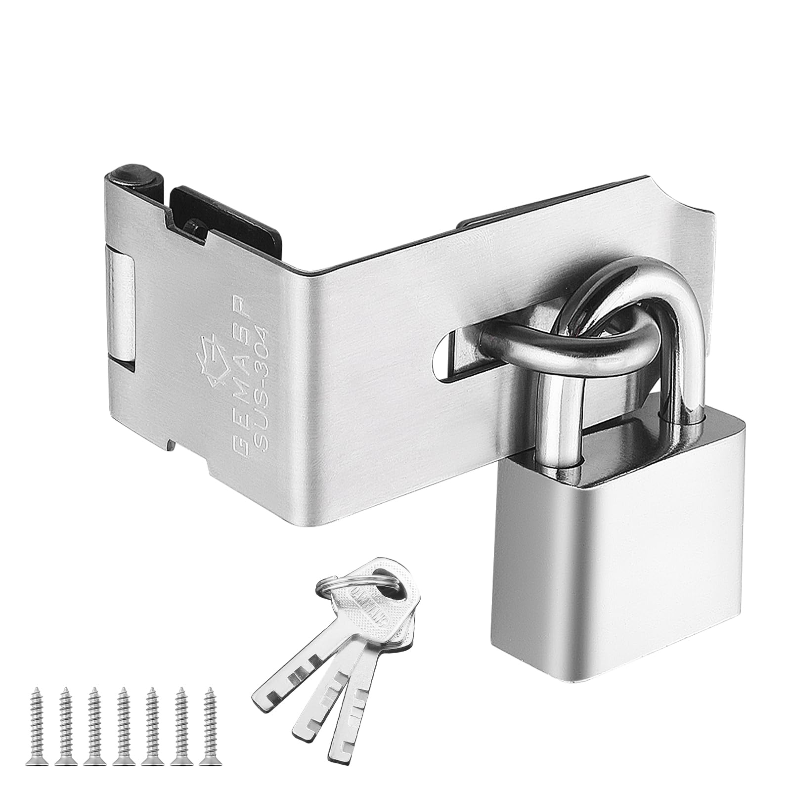 Photo 1 of GEMASP Door Lock Hasp Latch, 90 Degree Solid 304 Stainless Steel File Cabinet Hasp Lock Latch, Extra Thick Gate Lock Hasp Padlock with Keys Brushed Finish (1.96 Inch, Silver)