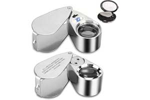 TRIRUNPDL 2 Pack 40X Illuminated Jewelers Loop, JLY Pocket Folding Full Metal Jewelers Loupe Magnifying Glass with Lights for LED Currency Detecting, Jewelry Identifying, Rock Collecting, Stamps Coins