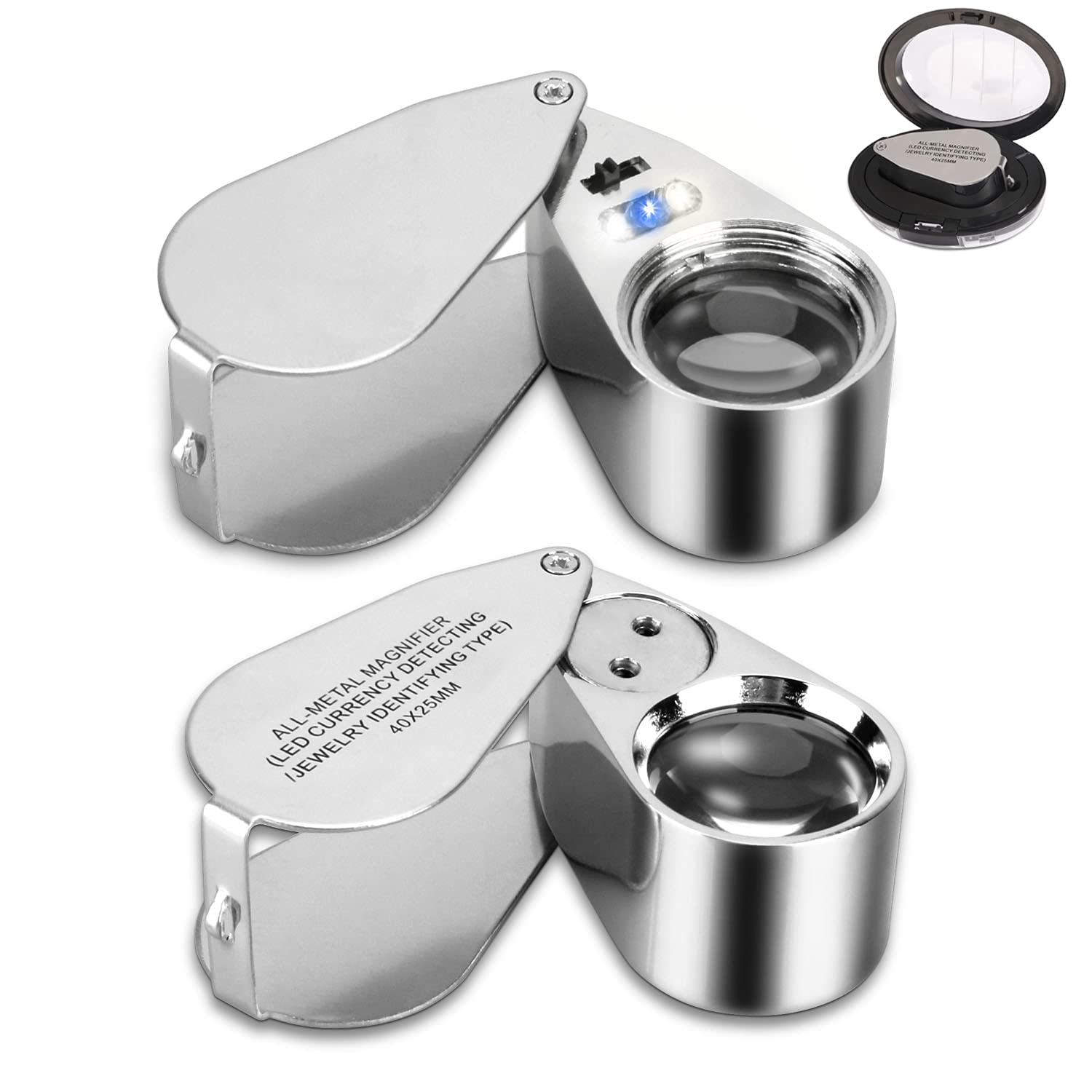 View 1 of 2 Pack 40X Illuminated Jewelers Loop, JLY Pocket Folding Full Metal Jewelers Loupe Magnifying Glass with Lights for LEDCurrency Detecting, Jewelry Identifying, Rock Collecting, Stamps Coins