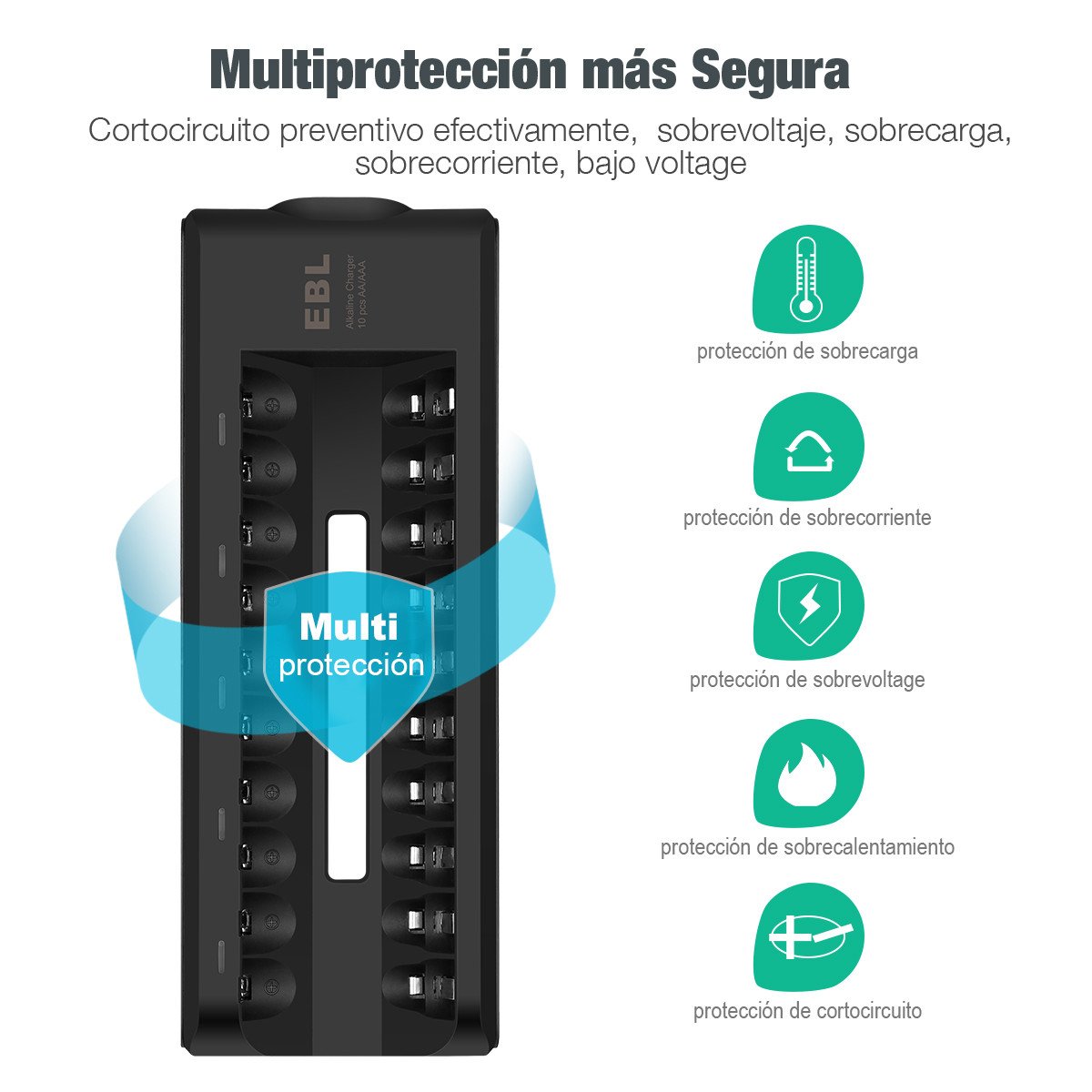 EBL Cargador para Baterías Alcanas con 10 Ranuras - Color: Negro