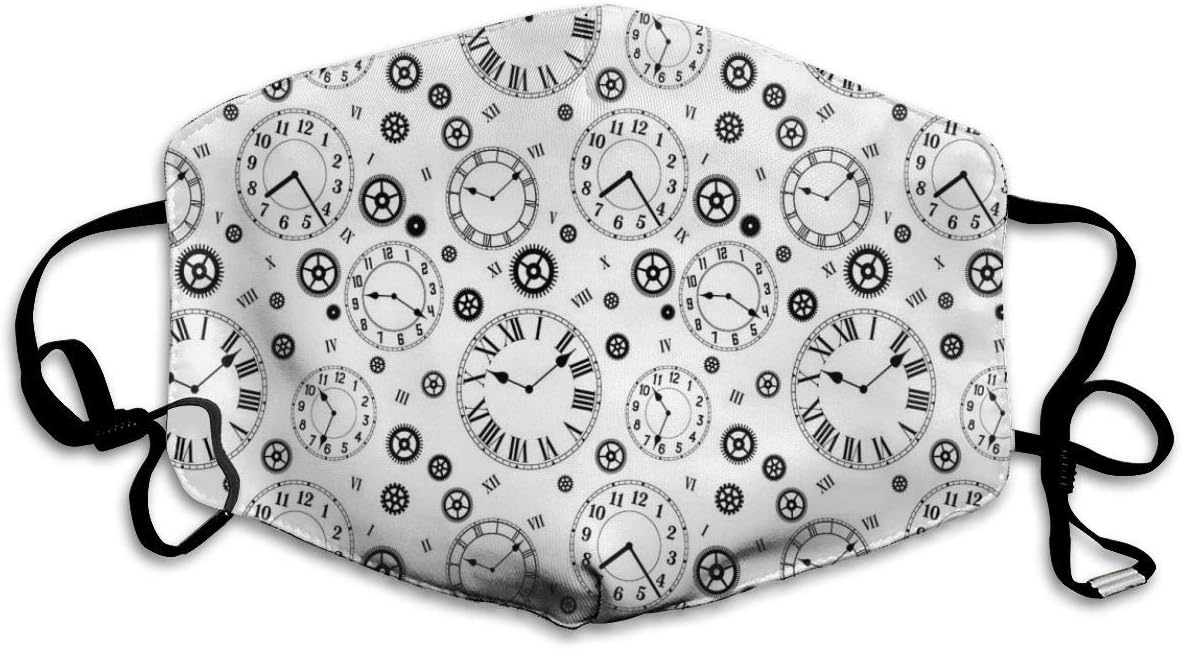 Face Mask,Clockworks Theme with Gears Roman Numeral Hours Timer Mechanism Monochrome Pattern,Washable Reusable Breathable Adjustable Windproof Mouth-Muffle