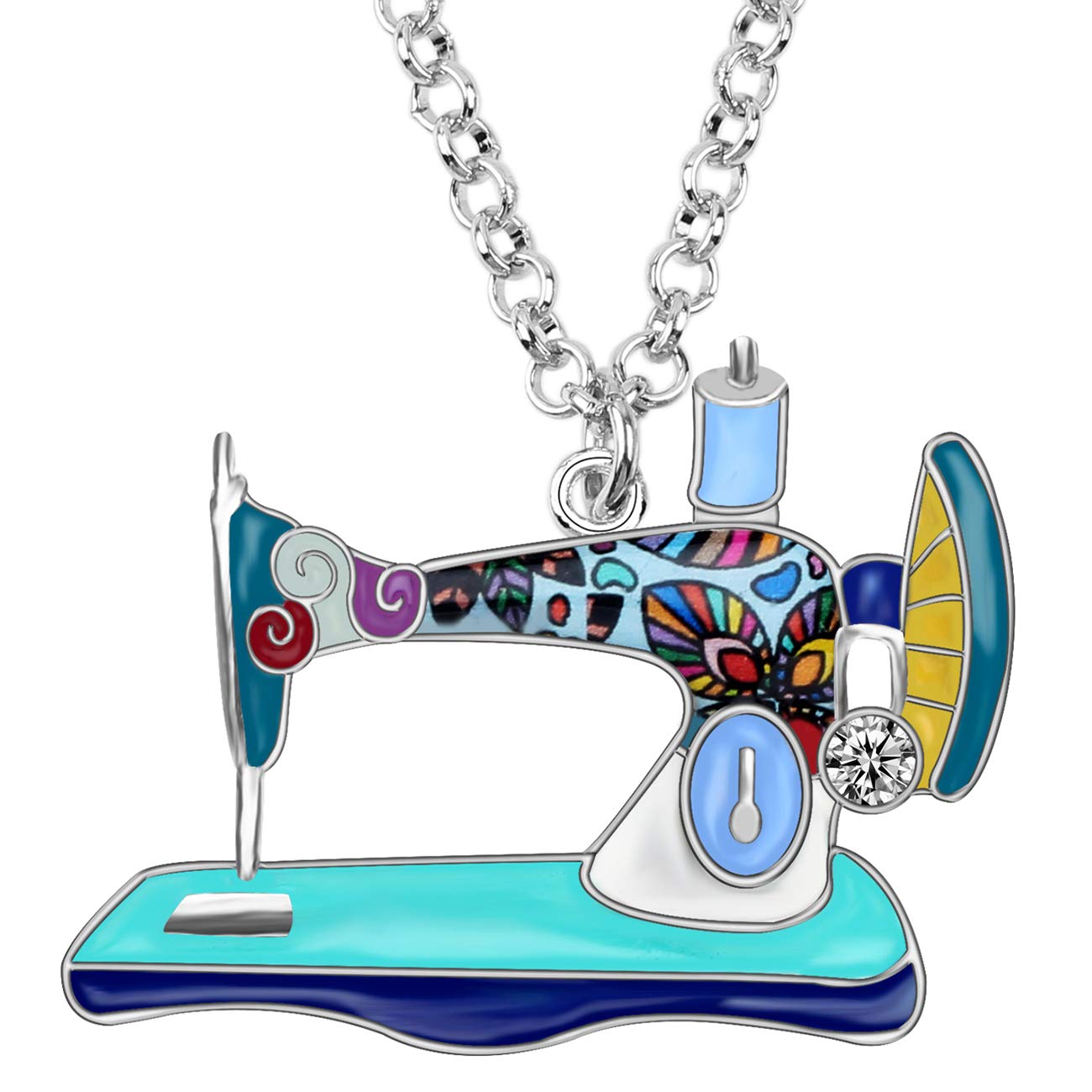 BONSNY Statement Enamel Rhinestone Chain Sewing Machine Necklaces Pendant Original Design for Women Girls Jewelry (Blue) โ image 1
