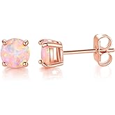 MDFUN 18K White/Rose Gold Plated Round Opal Stud Earrings for Women Hypoallergenic Birthstone Earrings Jewelry