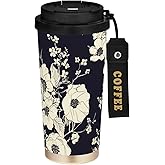 Selerdon 17 oz Insulated Coffee Mug Blue White Floral Print with Straw and Leak Proof Lid Double Wall Water Bottle Stainless Steel Vacuum Thermal Travel Drinking Cup for Hot/Cold Drink