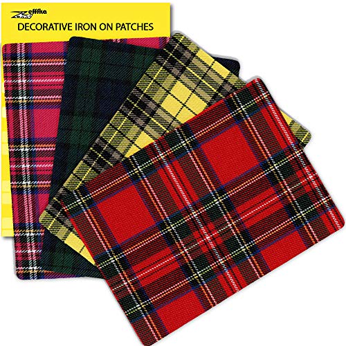 ZEFFFKA Premium Quality Plaid Fabric Textile Decorative Iron on Patches Modern Cool Design 4 Pieces 100% Cotton Repair Kit for Jeans or Other Garment 5" by 7"