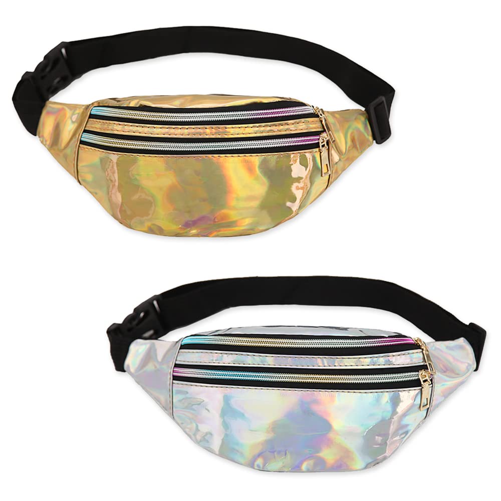 2 Pieces Holographic Rave Fanny Packs, Iridescent Fanny Pack, Shiny Waist Bum Bag Waterproof for Sport, Travel (Gold, Silver)