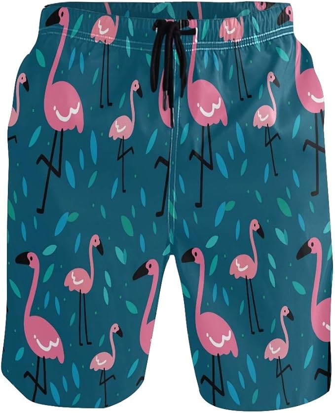 BHRETI Men's Swim Trunks, Pink Flamingos Bathing Suits for Men，Beach
