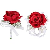 MAFELOE 2 Pieces Party Prom Homecoming Artificial Rose Wrist Corsage and Boutonniere Set, Groom Groomsmen Bride Bridesmaids Wedding Simulation Flowers Accessories Suit Decorations - Red