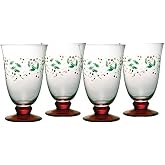 Pfaltzgraff Winterberry 4-Piece Hand-Painted Glass Water Goblets 14 oz | Festive Red Tinted Base, Elegant Drinkware Design, Ideal for Holiday Table Settings, Easy to Wash by Hand