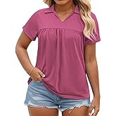 VISLILY Womens-Plus-Size-Summer-Tops Collared V Neck Polo Shirts Flowy Pleated Tunics Trendy Roll Short Sleeve Blouses