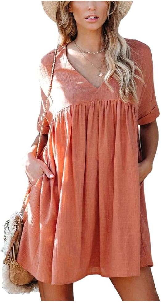 EasySmile Women Summer Midi Dress Casual Ruffle Short Sleeve V Neck