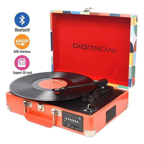 DIGITNOW! Bluetooth Vinyl / LP Schallplattenspieler mit stilvollen Koffer Plattenspieler, Multifunktions FM Radio, USB zu MP3