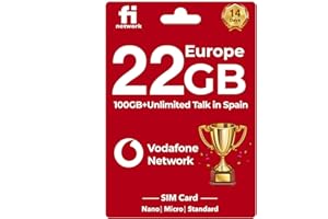 GIFFGISS Vodafone Network Europe Sim Card - 22GB in 4G/LTE in UK and Europe, 100GB and Unlimited Calls in Spain - Sim Card Europe with Vodafone Data for 14 Days - Support Hotspot for Android Mobile Phone