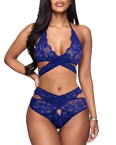Donnalla Women Sexy Lingerie Set Two Piece Lace Bra and Panty Set Babydoll  Sleepwear, Royal Blue, Medium in Dubai - UAE | Whizz Lingerie Sets