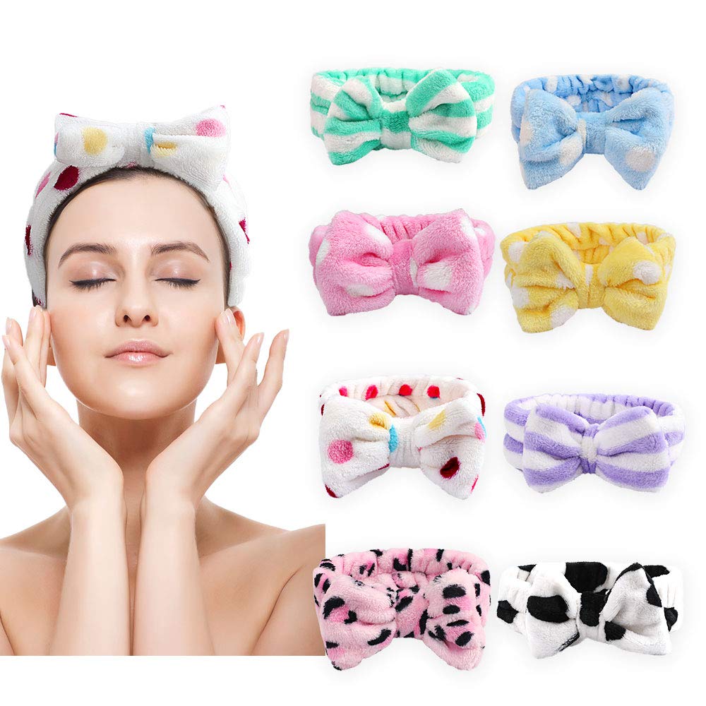Bow Hair Band Bow Headbands,Cubaco Soft Carol Fleece Hairlace Headband Bowknot Bow Makeup Shower Headbands Head Wraps for Washing Face Shower Spa Mask,8 Colors