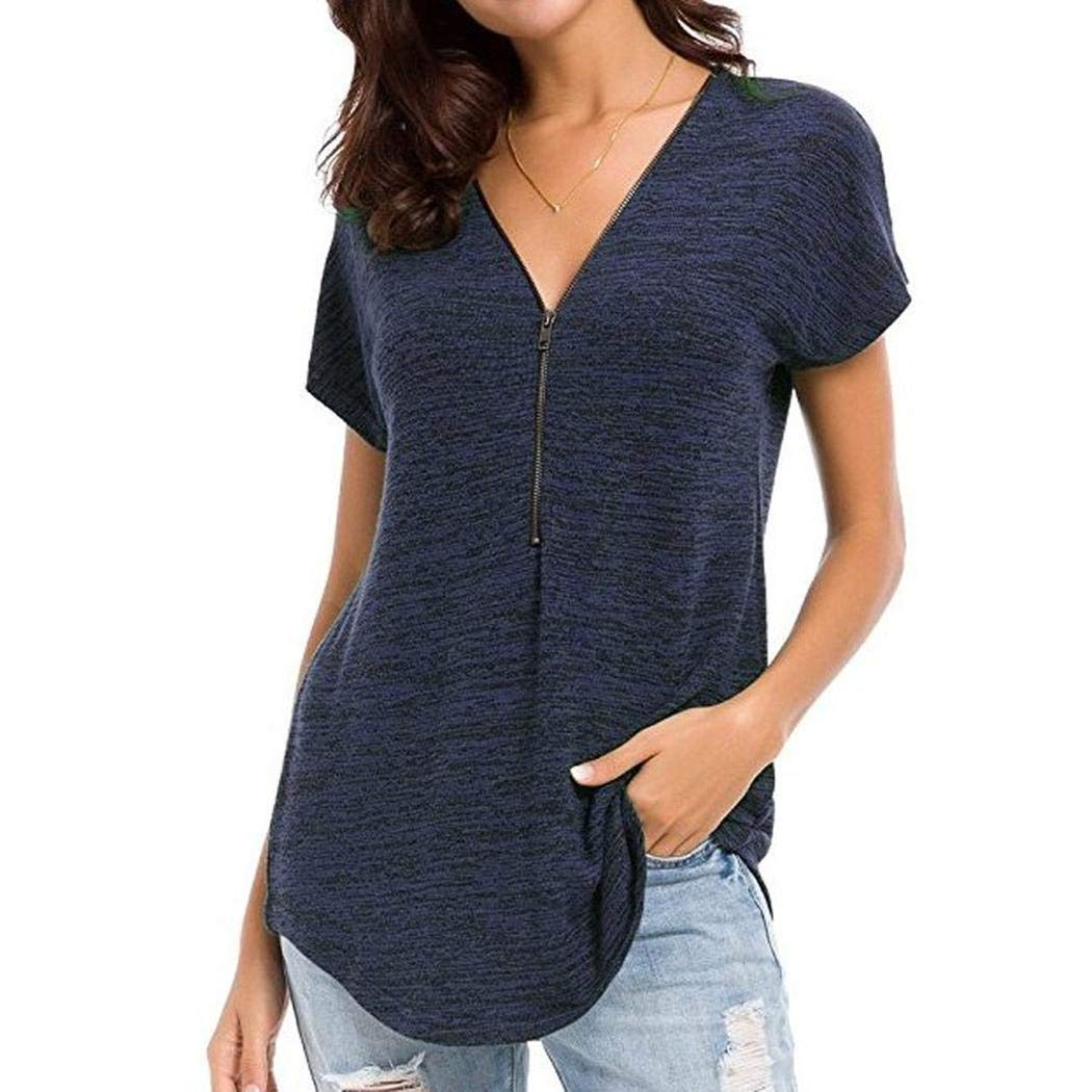 Suidone Womens Loose Fitting Zip Up Deep V Neck Short Sleeve Tops Tunic Casual T Shirts Blouse Blue