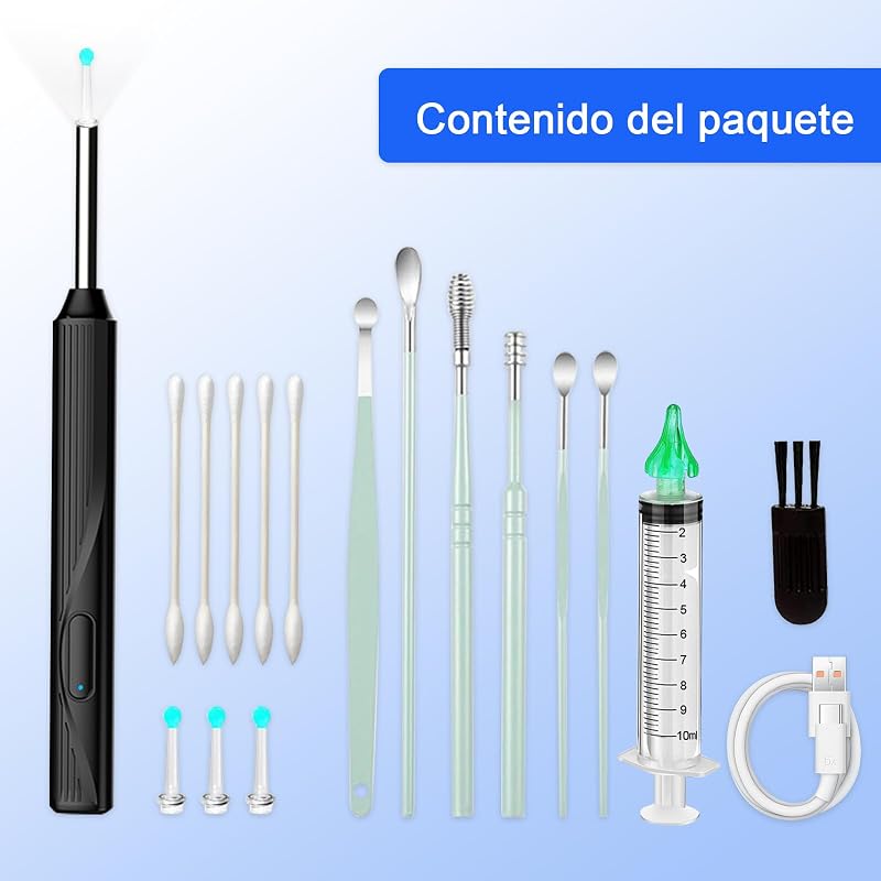 Kit inalámbrico de limpieza de oídos, limpiador de oídos con otoscopio con cámara HD, carga USB, kit de limpieza visual de oídos con 6 LED para el cuidado familiar — foto 8 de 8