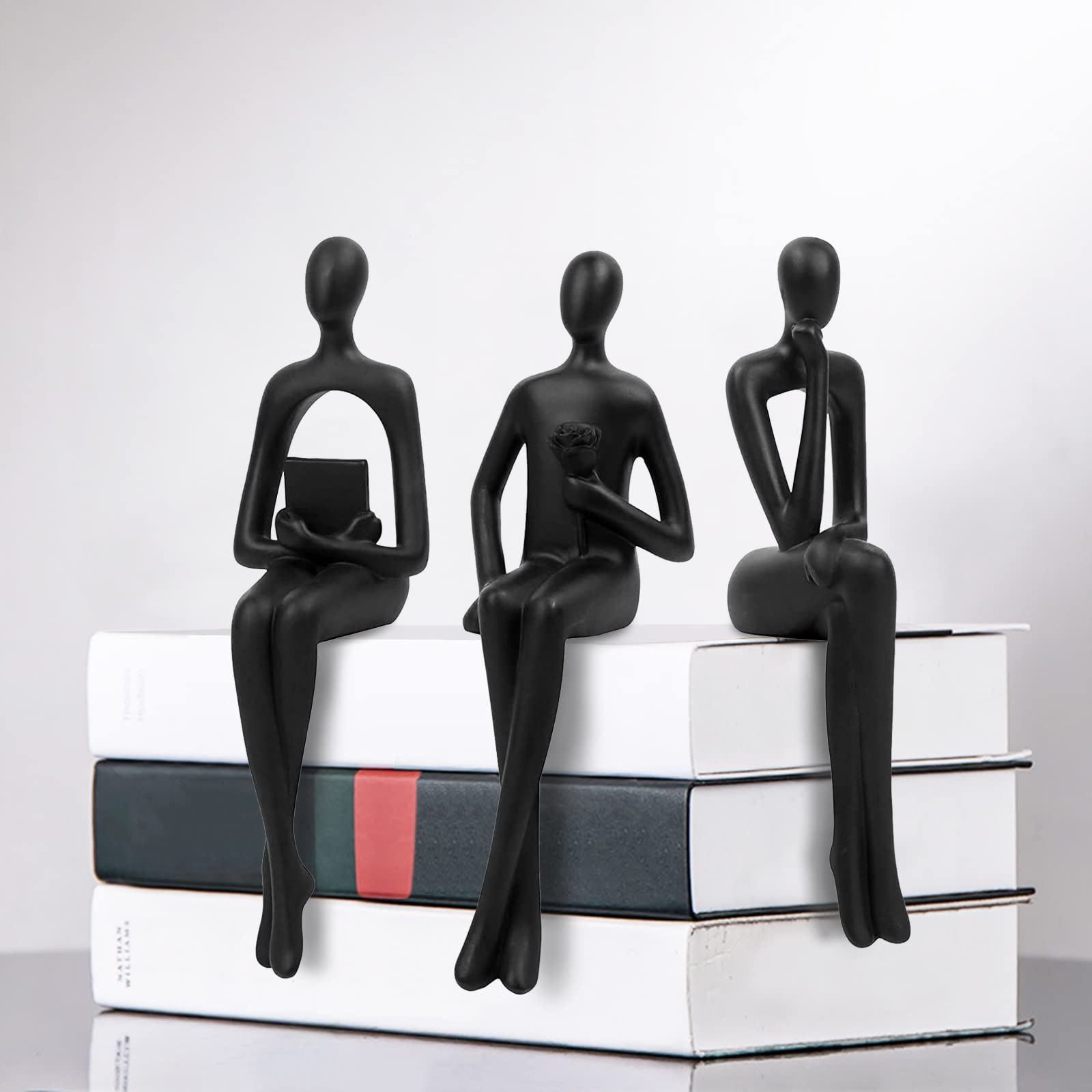 Masvan 3Pcs Black Abstract Figurines Thinker Statues, Home Decor Resin Bookshelf Sitting Sculpture, Modern Collectible Accents for Office Living Room Coffee Table Shelves Decoration (Black)