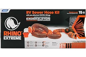 Camco Manufacturing 39861: Rhinoextreme 15' Sewer Hose Kit W/Swivel Fit, 4-N-1, Elbow, Caps