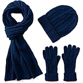 Villand 3 in 1 Womens Wool Hat Gloves & Scarf Winter Set, 3 Piece Cable Knitted Beanie Hat for Women with Gift Box