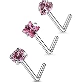 Qiwnswoy 3 Pcs 20G ASTM F136 Titanium Nose Rings Studs for Women G23 Titanium Nose Rings Diamond CZ Nose Studs L Shaped Nose Nostril Piercing Jewelry Hypoallergenic